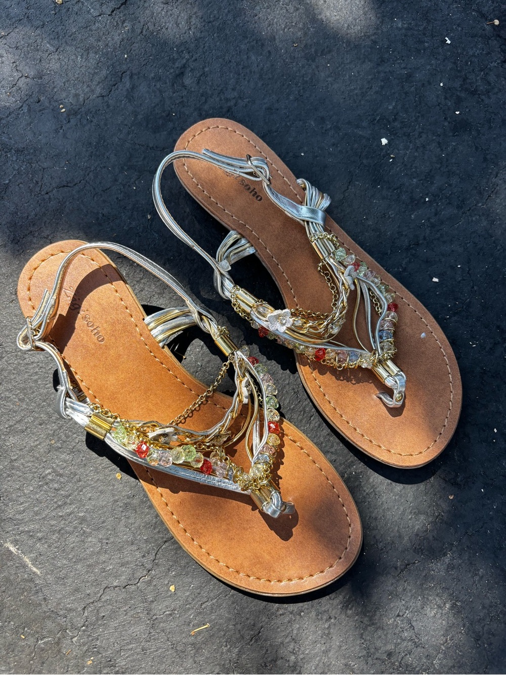 Soho Silver Gem-Accent Toe-Post Sandals with Tan Footbed